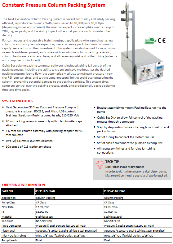 Greyhound Chromatography HPLC Pump Specifications Chart